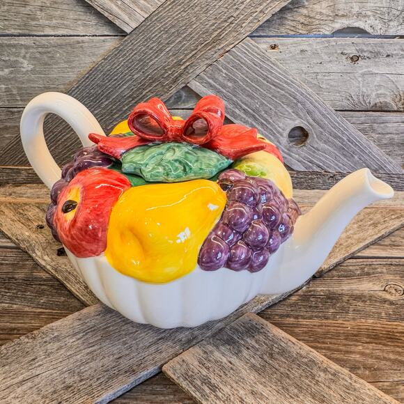 1992 Vintage Fitz and Floyd Omnibus Fruit Basket Tea Pot w/ Red Bow - Picture 3 of 10